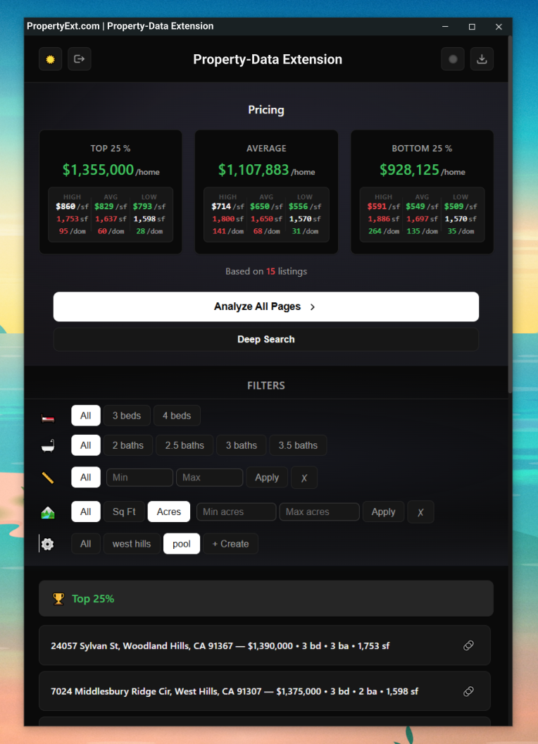 Deep Market Analysis interface with comprehensive filtering